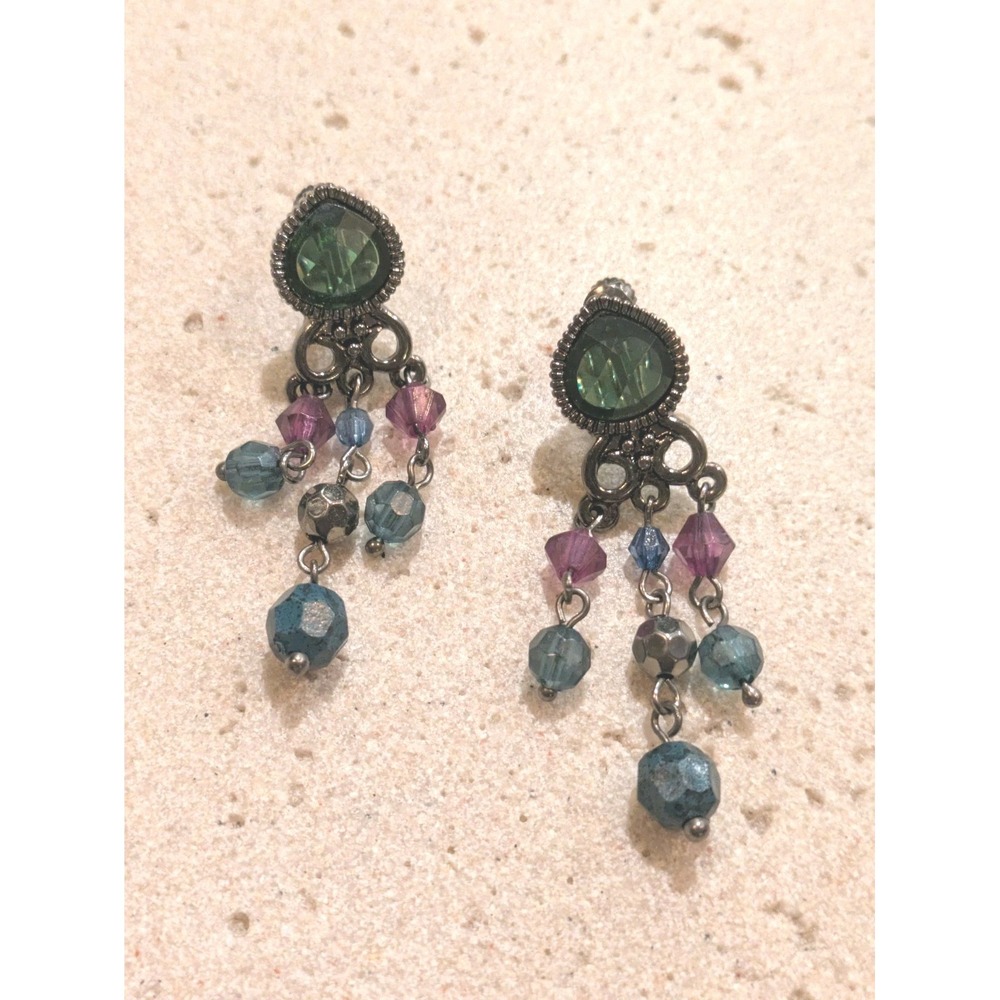 Dark Romantic Dangle Earrings Screw Back Purple Teal Beaded Granola Boho